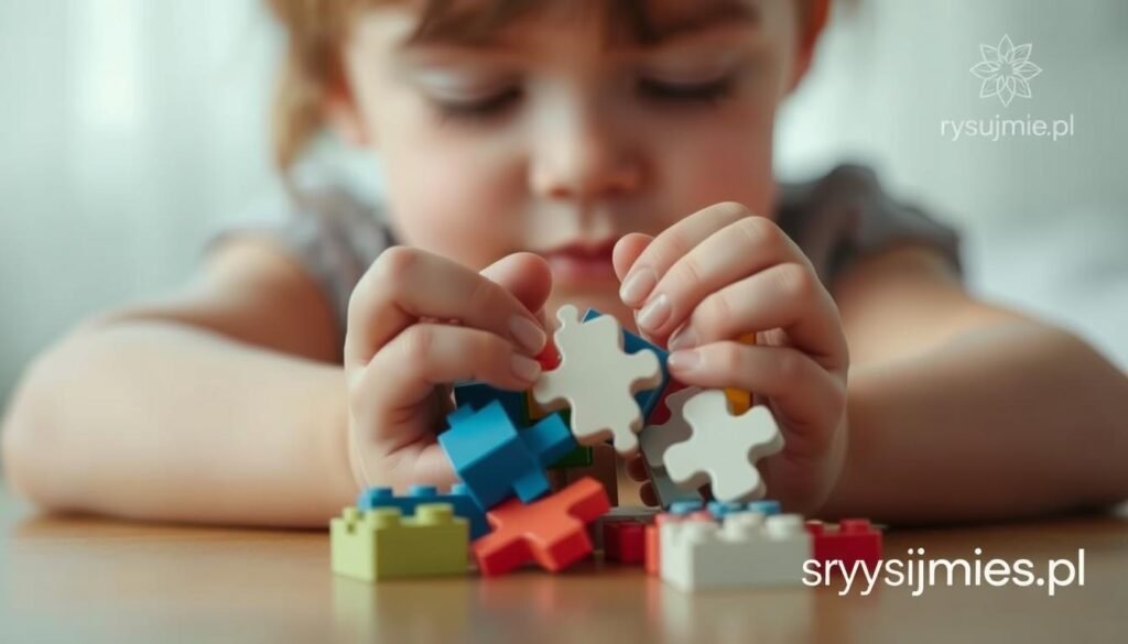 A tranquil scene of a child's hands cradling a puzzle or building blocks, eyes gently closed in deep concentration. Soft, diffused lighting illuminates the scene, creating a serene and calming atmosphere. The background is subtly blurred, allowing the subject to take center stage. The composition is well-balanced, with the hands and puzzle pieces forming the main focal point. The image evokes a sense of mindfulness and quiet introspection, perfect for illustrating the article's section on "Pomysły na łamigłówki z zamkniętymi oczami (bezpiecznie i z wyczuciem)". Includes the rysujmnie.pl logo.