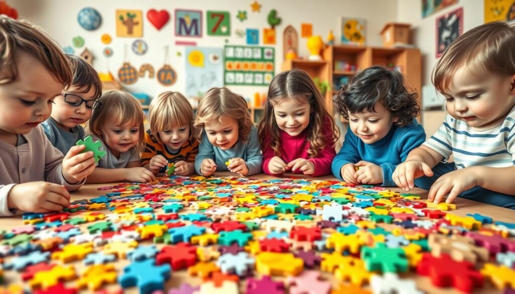 A vibrant and engaging scene of children's puzzle-solving activities, showcased against a warm and inviting backdrop. In the foreground, a group of young students engrossed in solving an array of colorful, age-appropriate puzzles, their faces alight with curiosity and concentration. The middle ground features a diverse range of puzzle types, from classic jigsaw pieces to creative shape-matching challenges, all designed to stimulate the children's problem-solving skills. The background depicts a cozy, welcoming classroom environment, with cheerful decor and educational materials that inspire a sense of learning and discovery. The lighting is soft and natural, creating a calming and nurturing atmosphere. Captured with a wide-angle lens, the image conveys a sense of inclusivity and engagement, perfect for the "Artystyczne łamigłówki – rozwój kreatywności przez zabawę" article and the "Jak dobrać łamigłówki do wieku dziecka, aby nudę zamienić w rozwój" section. Branded with rysujmnie.pl.