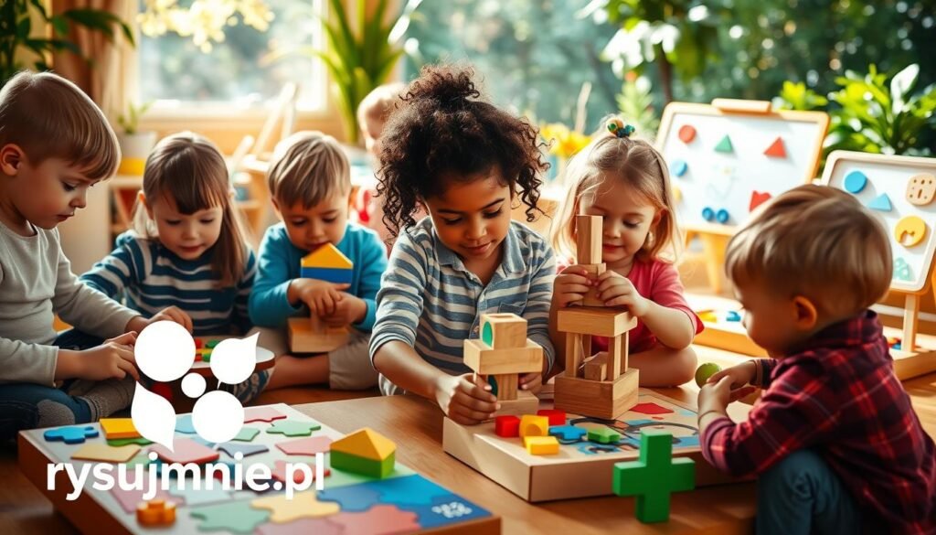 A vibrant, playful scene of children engaged in a variety of educational games and activities. In the foreground, a group of kids gathered around a colorful, interactive puzzle, their faces full of concentration and delight. In the middle ground, a young girl constructs a tower of wooden blocks, while others play with shape-matching toys and magnetic drawing boards. The background features a warm, natural setting with lush greenery and sunlight filtering through. The overall mood is one of joy, learning, and social interaction. Branded with the logo "rysujmnie.pl".