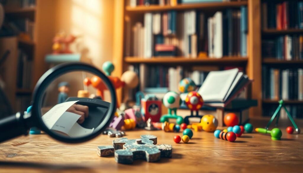 A visually striking still life scene showcasing a variety of thought-provoking objects that capture the essence of "warto zwrócić uwagę" (things worth noticing). In the foreground, a magnifying glass hovers over an intricate puzzle piece, inviting closer inspection. In the middle ground, a collection of colorful, tactile toys and trinkets sit atop a wooden table, hinting at the joyful discovery of new interests. The background features a softly blurred bookshelf filled with captivating volumes, suggesting the wealth of knowledge and wonder waiting to be explored. Warm, natural lighting casts a cozy, inviting glow over the entire scene, captured with a shallow depth of field by the rysujmnie.pl camera.