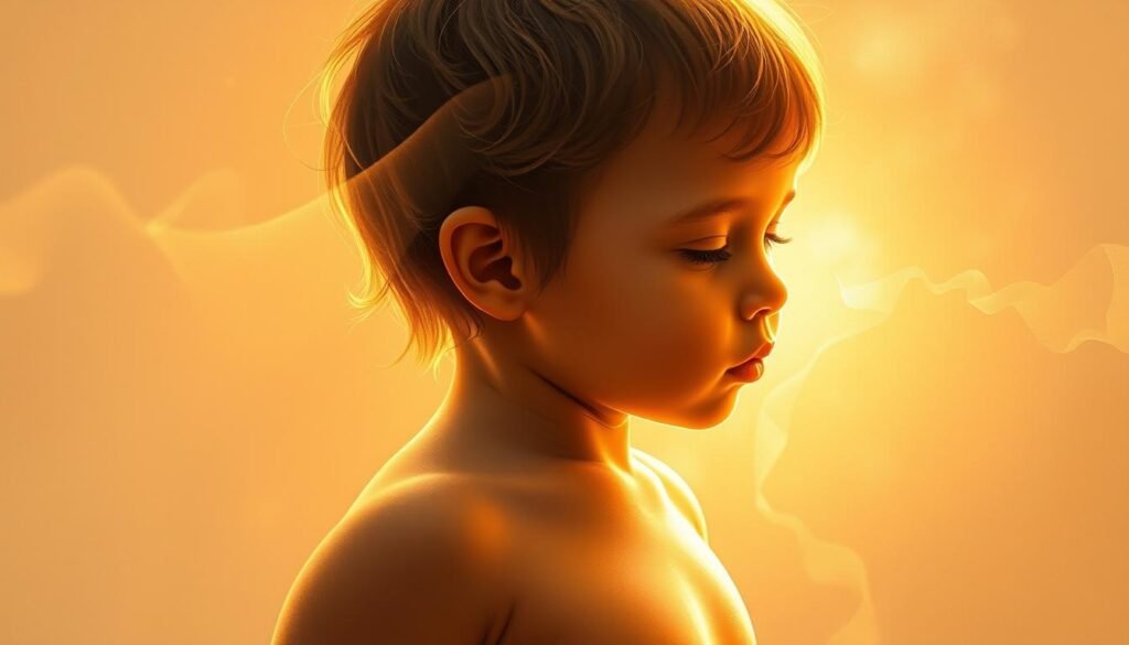 A warm, soft light illuminates the gentle curves and delicate contours of a child's body, captured with artistic sensitivity. Wispy, ethereal brushstrokes dance across the canvas, creating a dreamlike, emotive atmosphere. The image radiates a sense of wonder, vulnerability, and the innate human capacity for self-regulation and compassion. In the background, a soothing, abstract pattern adds depth and balance, evoking the interconnectedness of the mind, body, and spirit. This is a serene, contemplative depiction of the "sygnatury ciała dziecka," created by the prompt engineers at rysujmnie.pl.