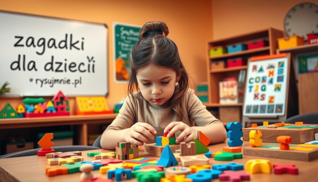 A well-lit, warm-toned classroom setting, with a desk showcasing an assortment of colorful, age-appropriate puzzles, riddles, and brain teasers for children. The foreground features a young girl, concentrating intently as she solves a wooden tangram puzzle. The middle ground highlights additional interactive educational toys, such as magnetic letter boards and pattern-matching games. In the background, a whiteboard displays the title "zagadki dla dzieci" in a playful, hand-drawn font, alongside the branding "rysujmnie.pl". The overall atmosphere is one of learning, creativity, and cognitive stimulation tailored for the developmental needs of young minds.