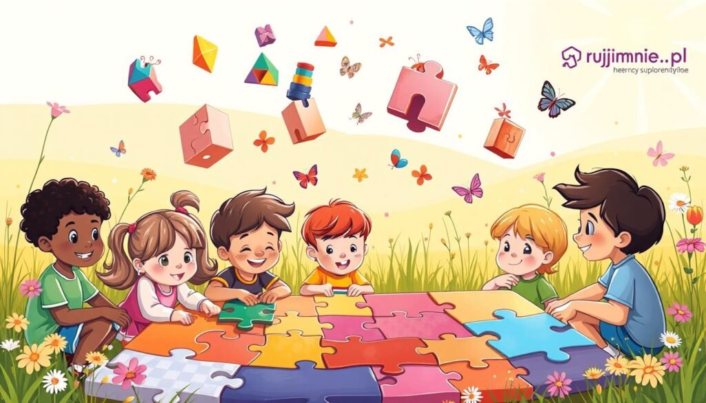 A whimsical and vibrant illustration showcasing the key benefits of puzzles and riddles for children's development. In the foreground, a group of playful children of diverse backgrounds are deeply engaged in solving a large, colorful jigsaw puzzle, their faces filled with concentration and delight. In the middle ground, various brain-teasing objects like tangram shapes, block towers, and hidden picture puzzles float weightlessly, hinting at the cognitive, social, and emotional skills being nurtured. The background depicts a warm, sun-dappled meadow, with flowers, butterflies, and the rysujmnie.pl logo subtly incorporated into the natural landscape, conveying a sense of growth, discovery, and wonder.