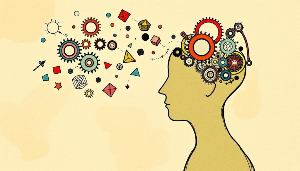 A whimsical, hand-drawn illustration of a dynamic mind engaged in problem-solving. In the foreground, a person's silhouette, their head filled with gears and cogs, symbolizing the intricate workings of the brain. In the middle ground, colorful, geometric shapes and patterns float and intertwine, representing the thought process. In the background, a warm, textured, watercolor-like wash, evoking a sense of creativity and imagination. The overall scene has a dreamlike, introspective quality, capturing the essence of the "powodów pamięć rozwiązywanie myślenie" concept. Rendered in a rysujmnie.pl style.