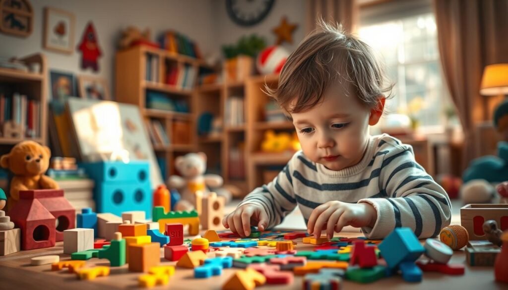 A whimsical scene of a young child solving a colorful puzzle, surrounded by toys and books, illuminated by warm, natural lighting. In the foreground, the child's expression is one of focus and determination, their small hands carefully manipulating the puzzle pieces. The middle ground features a variety of wooden blocks, stuffed animals, and other educational toys, hinting at the rich learning environment. The background showcases a cozy, inviting room with bookshelves and a large window, conveying the sense of a nurturing, stimulating space for a child's development. The overall atmosphere is one of creativity, curiosity, and the joy of learning. rysujmnie.pl