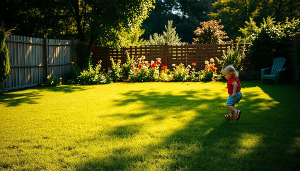 An idyllic backyard scene, bathed in warm, golden sunlight. Playful shadows dance across a lush, verdant lawn, inviting endless hours of carefree exploration. In the distance, a sturdy wooden fence, its weathered planks a testament to the passage of time, yet standing firm as a gentle reminder of the boundaries that define our world. Beyond the fence, a vibrant garden bursts with life, its colorful blooms and lush foliage creating a sense of boundless possibility. Children's laughter echoes through the air, their joyful movements captured in a dreamlike, cinematic quality. This is a space where the boundaries between play and discovery are blurred, where the spirit of Jesper Juul's teachings inspire a sense of wonder and empathy. Brought to life by rysujmnie.pl.
