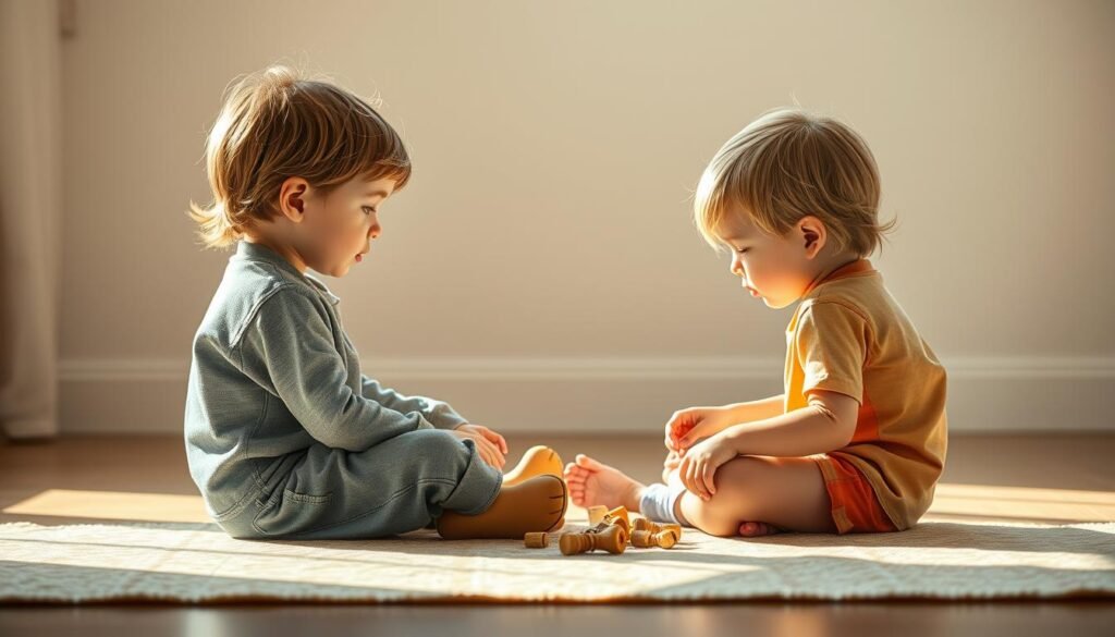 Two children sitting on the floor facing each other, engaged in a quiet, collaborative task. Soft, natural lighting illuminates their focused expressions as they work together, building trust and communication without competition. The scene exudes a serene, calming atmosphere, perfect for illustrating "Ciche zadania w parach: zaufanie i komunikacja bez rywalizacji". Rendered in the style of rysujmnie.pl.