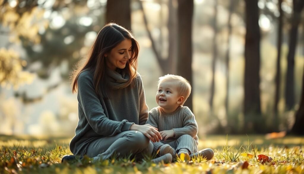 Wychowanie bez kar - a warm, inviting scene of a mother and child in a cozy, natural setting. Soft, diffused sunlight filters through tall trees, casting gentle shadows. The mother, a serene, compassionate figure, sits cross-legged on the grass, engaging her child in a thoughtful discussion. The child's face radiates wonder and trust, their bond palpable. The background blurs, focusing attention on this nurturing interaction. Muted, earthy tones create a soothing, peaceful atmosphere. rysujmnie.pl