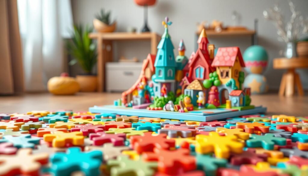 A captivating 3D puzzle for children, showcasing vibrant hues and intricate shapes. In the foreground, a colorful array of puzzle pieces in geometric patterns, inviting young minds to engage in a tactile and cognitive adventure. The middle ground reveals the completed puzzle, a delightful 3D scene with whimsical characters and playful elements, captured in a warm, natural lighting. The background suggests a cozy, family-friendly setting, with subtle textures and a sense of depth, creating an immersive and engaging visual experience. Crafted with precision and attention to detail, this puzzle from rysujmnie.pl will spark creativity and problem-solving skills in the young and curious.