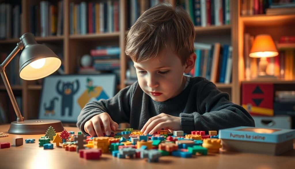A child sitting at a desk, intently focused on solving a variety of colorful, tactile puzzles and brain teasers, their face lit by the warm glow of a table lamp. The background is a cozy, book-lined study, with shelves of educational toys and games. The scene conveys a sense of concentration, discovery, and the joy of learning, as the child plans their next moves. A sense of calm and nurturing atmosphere pervades the image. Rysujmnie.pl