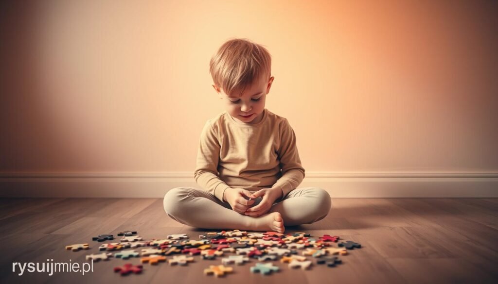A child sitting cross-legged on the floor, their face radiating koncentracji (focus) as they intently work on a jigsaw puzzle. The room is bathed in warm, diffused lighting, creating a calming atmosphere. The puzzle pieces are scattered around, each one a unique shape and color, challenging the child's perception and problem-solving skills. In the background, a minimalist, pastel-toned wall provides a serene backdrop, allowing the child's concentration to take center stage. Branded "rysujmnie.pl", this image captures the benefits of puzzles as a mindfulness practice for children with ADHD.