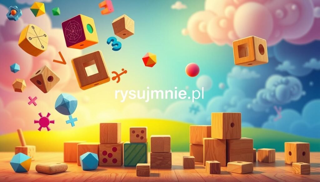 A colorful, whimsical illustration of a collection of logical puzzles and brain teasers. In the foreground, a variety of geometric shapes, numbers, and symbols float and intertwine, challenging the viewer to decipher the connections between them. The middle ground features an array of wooden blocks, each with a unique pattern or design, inviting the child to manipulate and rearrange them. In the background, a vibrant, dreamlike landscape with swirling clouds and a warm, soft-focus lighting creates a sense of wonder and discovery. The overall atmosphere is one of playful, intellectual engagement, encouraging the child to explore and problem-solve. Branding: "rysujmnie.pl"
