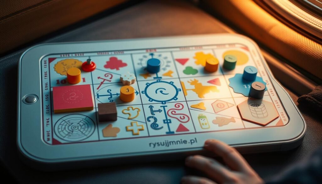 A compact and portable game board with a variety of classic puzzles and brain teasers, perfect for keeping young travelers entertained during a journey. Vibrant colors and intricate patterns adorn the surface, inviting curious hands to manipulate the pieces. Soft lighting illuminates the scene, casting a warm glow and creating a cozy, intimate atmosphere. The game's design is sleek and minimalist, with the rysujmnie.pl logo discreetly displayed, emphasizing its practicality and functionality. This portable entertainment solution is the ideal companion for a child's adventure on the road.