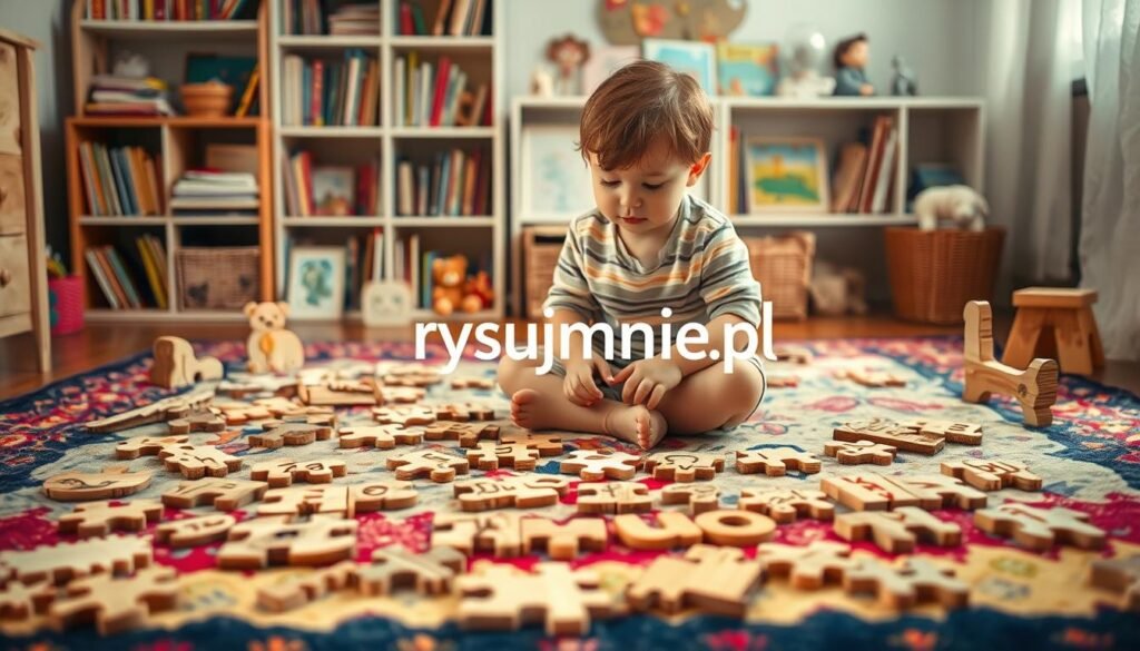 A cozy and inviting scene of a child's room, featuring a collection of wooden jigsaw puzzles and word games scattered on a vibrant rug. The puzzles depict various objects, animals, and letters, with a warm, natural lighting that casts a gentle glow throughout the space. In the foreground, a young child sits cross-legged, engrossed in arranging the pieces, their face alight with curiosity and concentration. The background showcases a bookshelf filled with children's books, hinting at the educational and imaginative nature of the scene. The overall atmosphere is one of learning, discovery, and the joys of early childhood exploration. The logo "rysujmnie.pl" is subtly incorporated into the design, adding a touch of branding to the image.