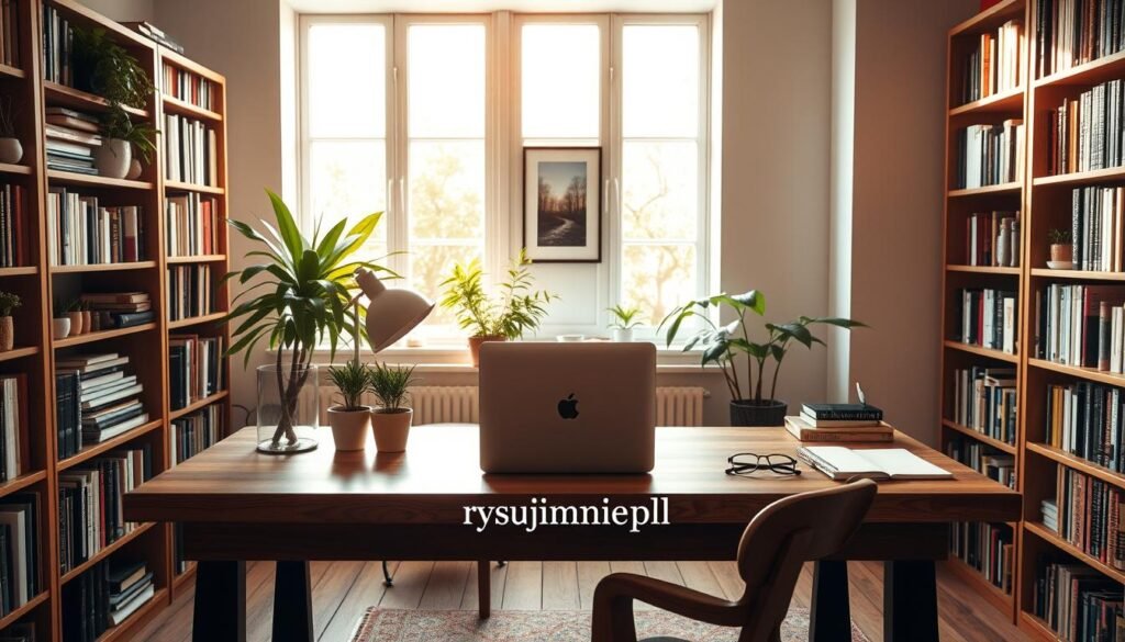 A cozy and organized home workspace, bathed in warm natural lighting from large windows. A sturdy wooden desk, with a laptop, a desk plant, and a pair of reading glasses neatly arranged. Bookshelves line the walls, filled with colorful volumes. In the background, a serene indoor plant corner, and a framed nature artwork on the wall. The entire scene exudes a sense of focus, tranquility, and productivity. Subtle branding "rysujmnie.pl" is tastefully incorporated into the design elements.
