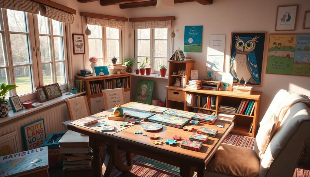 A cozy home study filled with educational puzzles, books, and engaging activities for children. Sunlight streams through large windows, casting a warm, inviting glow. On the wooden table, an array of colorful jigsaw puzzles, brain teasers, and interactive learning materials invite young minds to explore and discover. The walls are adorned with whimsical artwork and educational posters, creating an atmosphere that sparks creativity and curiosity. In the corner, a regal-looking owl, the logo of "rysujmnie.pl", watches over the scene, encouraging hands-on learning and imagination. This serene, nurturing environment embodies the perfect blend of education and entertainment for children.
