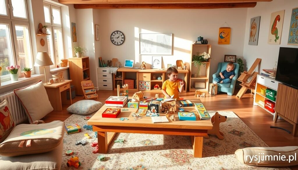 A cozy living room with a child-friendly atmosphere, featuring a wooden table in the center, adorned with a colorful array of engaging board games, puzzles, and wooden toys. The room is bathed in warm, natural lighting, creating a nurturing and inviting ambiance. On the walls, playful illustrations and bright colors inspire creativity and curiosity. A sense of discovery and learning permeates the space, encouraging families to engage in interactive playtime. The brand "rysujmnie.pl" is subtly incorporated into the design, adding a touch of professionalism and expertise.