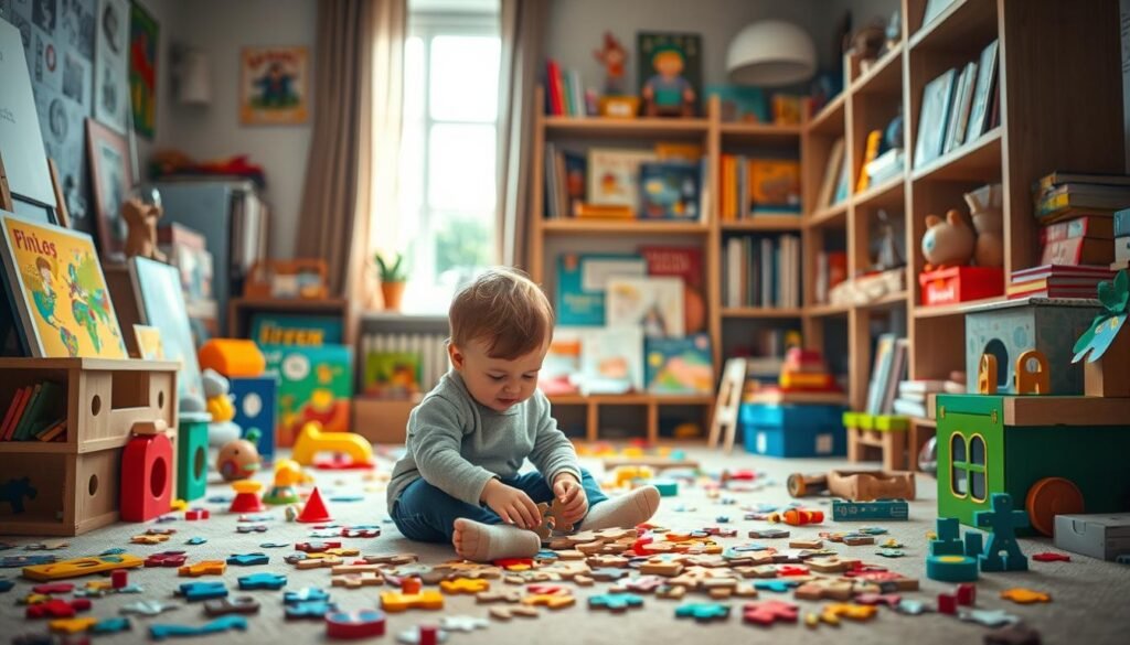 A cozy room filled with a variety of colorful jigsaw puzzles, board games, and educational toys. Soft lighting illuminates the scene, creating a warm and inviting atmosphere. A young child sits on the floor, engrossed in assembling a wooden puzzle, their face filled with concentration and delight. In the background, shelves display an array of children's books and learning materials, hinting at the importance of play and exploration in a child's development. The scene is framed by a large window, allowing natural light to filter in and giving a sense of openness and connection to the outside world. The overall composition evokes a sense of wonder, creativity, and the joy of learning through play. Branding: "rysujmnie.pl"