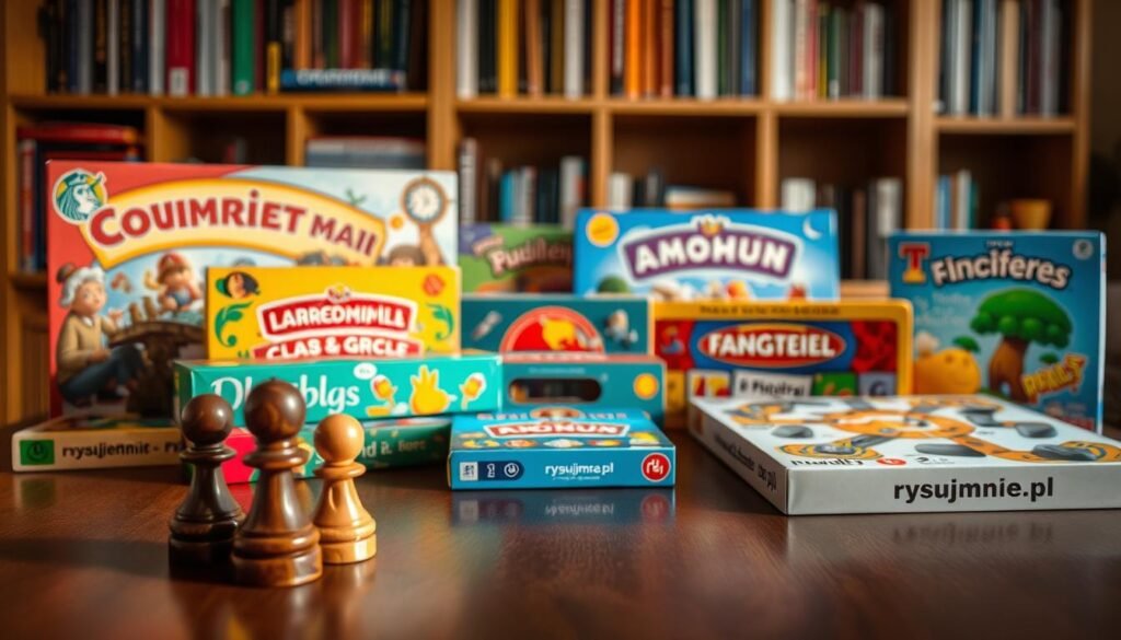 A cozy tabletop scene, backlit by warm, soft lighting. An assortment of vibrant board games, puzzles, and brain teasers are arranged neatly, inviting exploration. In the foreground, a few classic wooden game pieces stand ready, their intricate designs catching the light. The middle ground features a variety of box covers, each with their own distinct artwork and themes, hinting at the diverse challenges within. In the background, a blurred bookshelf suggests a well-stocked collection of family-friendly entertainment, all under the discreet "rysujmnie.pl" branding.
