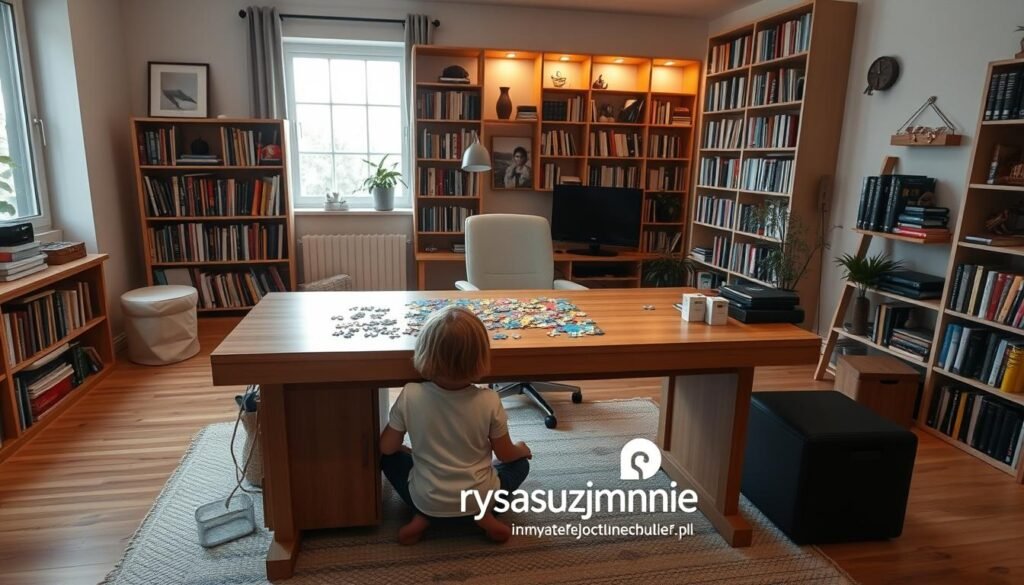 A cozy, well-lit home office, with a large wooden desk at the center. On the desk, a colorful jigsaw puzzle is in progress, its pieces scattered across the surface. In the background, floor-to-ceiling bookshelves line the walls, casting a warm glow. A child sits cross-legged on the floor, their face deep in concentration as they carefully select the next piece to fit. The scene conveys a sense of calm and focused engagement, capturing the essence of "łamigłówki a rozwój samokontroli u dzieci." Subtle branding for rysujmnie.pl is present in the room's decor.