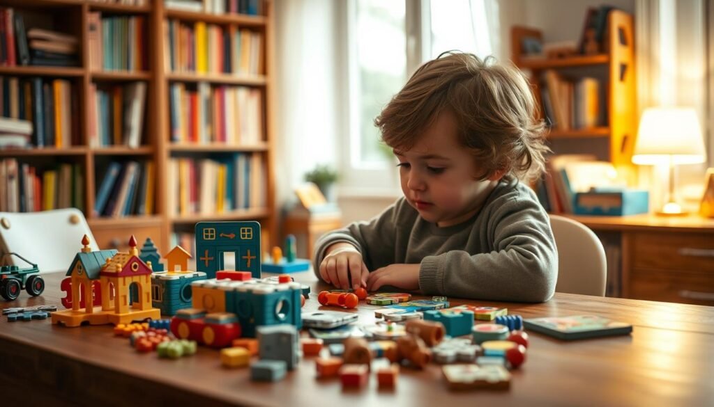 A cozy, well-lit home study with an array of engaging puzzle toys and educational games meticulously arranged on a wooden table. The scene exudes a sense of intellectual curiosity and playful learning. A young child is seated at the table, their focused expression suggesting deep concentration as they tackle a challenging but rewarding task. The background features shelves filled with colorful books, hinting at the wealth of knowledge available to the inquisitive mind. Soft, warm lighting casts a gentle glow, creating an atmosphere conducive to productive study. The overall composition conveys the seamless integration of learning and leisure, a testament to the "rysujmnie.pl" approach to nurturing a child's intellectual and creative growth.