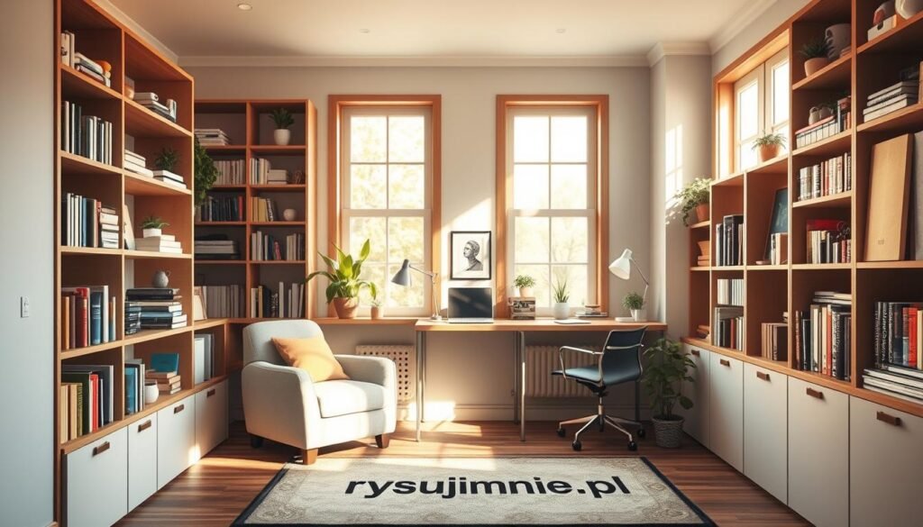 A cozy, well-organized study nook, bathed in warm, natural light streaming through large windows. Wooden shelves hold a variety of books, decorative plants, and learning materials. A comfortable armchair invites quiet contemplation, while a small desk provides ample space for focused work. The neutral color palette and clean lines create a calming, distraction-free atmosphere, perfect for cultivating logical thinking through puzzles and brain teasers. A branded rug "rysujmnie.pl" anchors the space, reflecting the educational purpose of this tranquil corner.