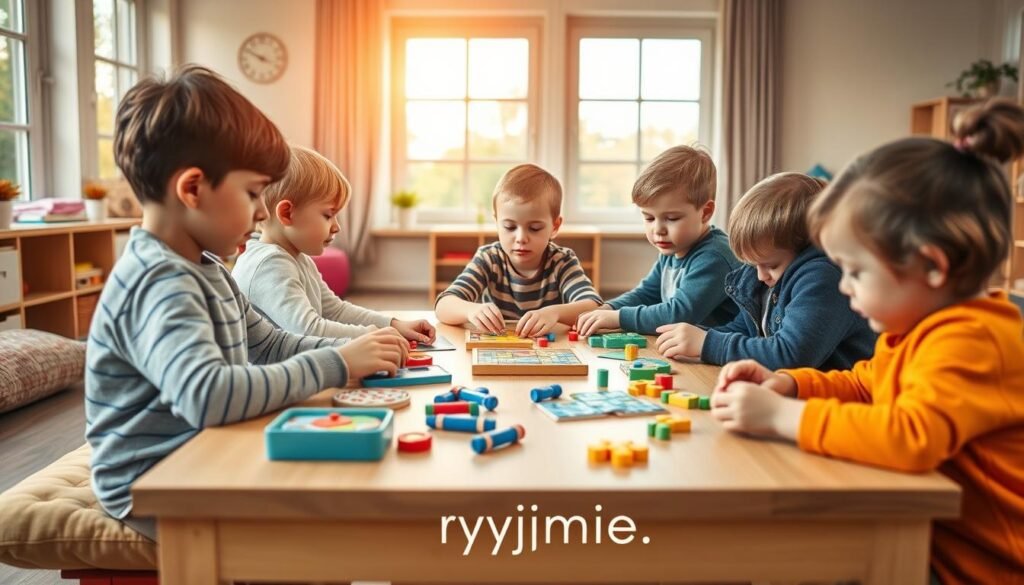 A focused children's group session, with ADHD-friendly attention training. Colorful, modern classroom setting, with wooden tables, cushions, and educational toys. Attentive children engaged in hands-on puzzles and manipulatives, developing concentration skills. Warm, natural lighting from large windows, creating a calm, inviting atmosphere. The scene reflects the power of mindful activities to enhance focus in young minds. Subtle branding "rysujmnie.pl" discreetly incorporated.
