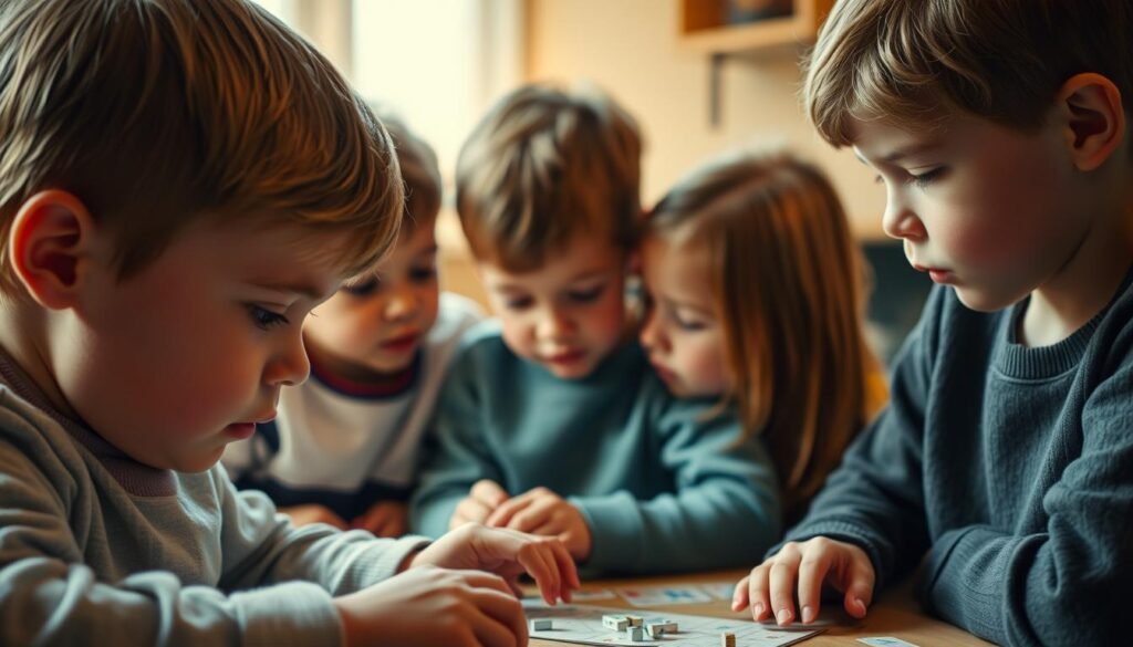 A group of children engrossed in wordplay, their faces full of concentration and determination. Warm, soft lighting bathes the scene, creating a cozy, intimate atmosphere. In the foreground, a child contemplates a puzzle, their brow furrowed in thought. In the middle ground, two children collaborate, exchanging ideas and working together. In the background, a third child stands, their gaze fixed on the task at hand. The image conveys the cognitive and social benefits of engaging in language-based activities, captured with a sense of wonder and discovery. rysujmnie.pl