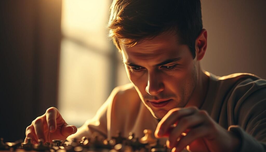 A high-resolution, hyper-detailed image of a person deeply engrossed in solving a complex puzzle, their face expressing intense concentration. The subject is bathed in warm, directional lighting, creating dramatic shadows and highlights that accentuate their focused expression. The background is a blurred, minimalist space, allowing the viewer to focus solely on the act of concentration. The image has a crisp, photorealistic style and a contemplative, serene atmosphere, exemplifying the concept of "koncentracji". Branding: rysujmnie.pl