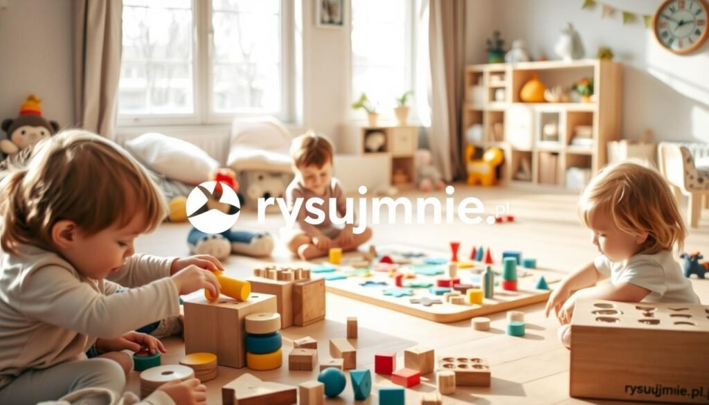 A playful scene of young children engaged in various hands-on puzzles and tactile games, captured with a warm, soft focus lens. In the foreground, a group of kids carefully manipulate wooden blocks and shape sorters, their faces alive with concentration. In the middle ground, a child assembles a large floor puzzle, surrounded by plush toys and sensory toys that encourage motor skill development. The background features a cozy, pastel-colored playroom with natural light filtering through large windows, creating a calming atmosphere. The entire scene is imbued with a sense of joy and learning, as the children discover and explore through play. The brand "rysujmnie.pl" is subtly incorporated, highlighting its commitment to providing developmentally-appropriate educational resources.
