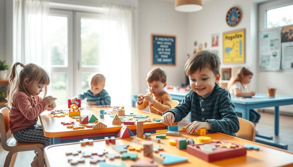 A serene indoor setting with children engrossed in various puzzles and cognitive exercises, promoting focus and attention. Soft, natural lighting filters through large windows, casting a warm, calming glow. The children sit at small, colorful desks, their faces brimming with concentration as they manipulate the tactile puzzle pieces. Geometric shapes, interlocking patterns, and abstract visual challenges fill the tabletops, stimulating their problem-solving skills. The walls are adorned with inspirational posters and educational charts, creating an atmosphere conducive to learning and mindfulness. rysujmnie.pl