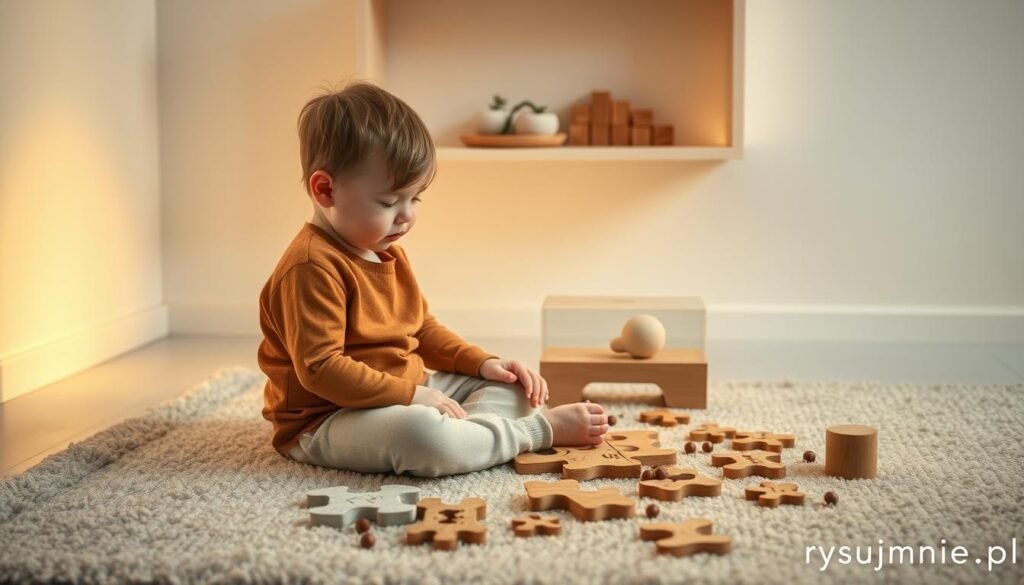 A serene scene of a young child sitting cross-legged on a soft, textured rug, deeply engaged in a sensory puzzle. The lighting is warm and gentle, illuminating the child's focused expression. The puzzle pieces, each with a unique tactile surface, are scattered around, inviting the child to explore and discover. In the background, a minimalist shelf displays various other mindfulness tools, such as a small zen garden and a set of wooden blocks. The overall atmosphere evokes a sense of calm concentration, as if the child is transported to a meditative state. The image is created by rysujmnie.pl.