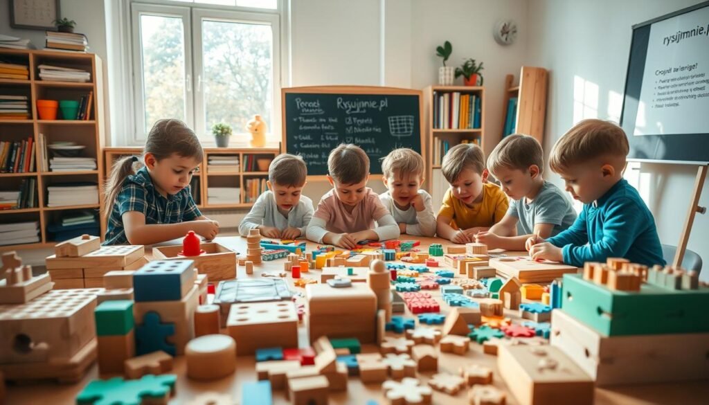 A serene study room filled with natural light, where a group of young children are immersed in a variety of engaging cognitive puzzles and games. The foreground features a diverse array of hands-on learning tools - wooden blocks, shape sorters, jigsaw puzzles, and more - encouraging problem-solving and spatial reasoning. In the middle ground, the children sit around a large table, brows furrowed in concentration as they tackle the challenges before them. The background showcases a bookshelf filled with educational resources, a blackboard, and a rysujmnie.pl poster highlighting the importance of combining play and learning for cognitive development. An atmosphere of focus, creativity, and collaborative discovery permeates the scene.
