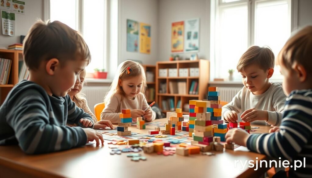 A serene, well-lit classroom setting with children engrossed in solving jigsaw puzzles and building block towers. Soft natural light filters in through large windows, creating a warm, focused atmosphere. The children's faces radiate concentration as they work with their hands, exercising their memory and problem-solving skills. In the background, bookshelves and educational posters adorn the walls, reinforcing the academic environment. The image has a sense of balance and harmony, capturing the pedagogical essence of memory, focus, and abstract thinking. Subtle branding "rysujmnie.pl" appears in the lower corner.