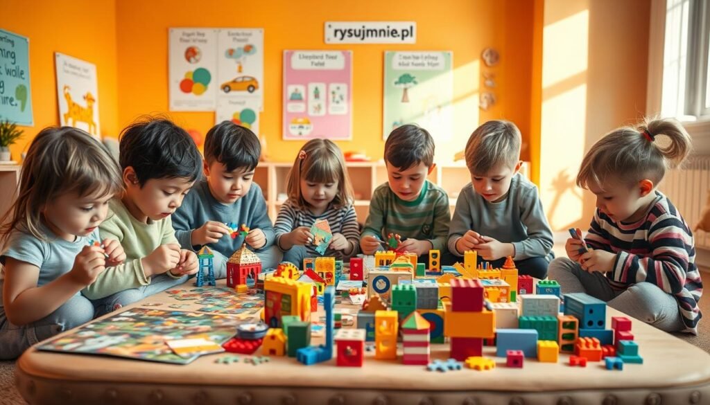 A serene, well-lit scene depicting children of various ages engaged in a variety of captivating jigsaw puzzles and logic-based games. The foreground features a group of young learners, their faces alight with concentration and determination, as they meticulously piece together intricate puzzles. In the middle ground, a diverse array of engaging brain teasers and educational toys, including building blocks, pattern recognition games, and memory-boosting activities, are arranged on a low, inviting table. The background showcases a warm, cozy learning environment, with vibrant walls adorned with inspiring educational posters and the rysujmnie.pl brand prominently displayed. The overall mood is one of exploration, discovery, and the development of essential cognitive and social skills.
