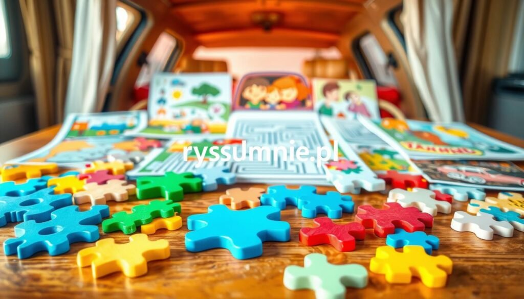 A set of colorful, age-appropriate puzzles and brain teasers arranged neatly on a wooden table. In the foreground, a variety of puzzle pieces in different shapes and sizes, inviting the viewer to match them to their corresponding slots. In the middle ground, a selection of jigsaw puzzles, mazes, and other interactive games. The background features a soft, blurred illustration of a family in a car, evoking the article's theme of travel and activities for children. Warm, natural lighting casts a cozy atmosphere. The brand "rysujmnie.pl" is subtly incorporated into the design.