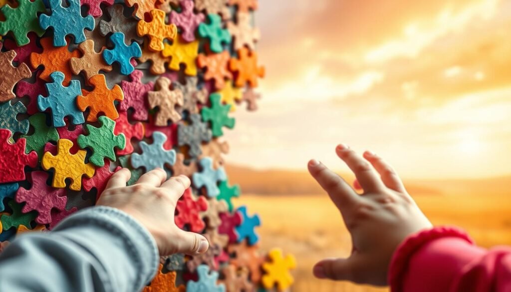 A vibrant and captivating image of "pamięć" (memory) to illustrate the section "Nauka przez zabawę: co ćwiczy mózg, pamięć i koncentrację dziecka" in the article "Czy Twoje dziecko lubi zagadki? Sprawdź jego styl myślenia!". The image depicts a colorful, textured collage of puzzle pieces, engaging the viewer's senses and imagination. In the foreground, a young child's hand reaches towards the pieces, symbolizing the playful exploration of memory and problem-solving. The background features a warm, dreamlike landscape, evoking a sense of wonder and curiosity. The lighting is soft and natural, creating a calming, inviting atmosphere. Developed by the talented team at rysujmnie.pl.