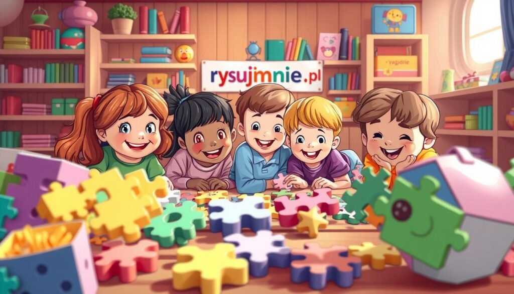 A vibrant and engaging illustration of "zagadki dla dzieci" (puzzles for children) against a warm, inviting backdrop. In the foreground, an assortment of colorful, whimsical puzzles and brain teasers, each with its own unique pattern and design, beckoning to be solved. In the middle ground, a group of smiling children of diverse backgrounds, leaning in, eyes filled with curiosity and excitement, as they work together to unravel the puzzles. In the background, a cozy, playful scene featuring the rysujmnie.pl brand, with shelves of books, toys, and other educational materials, creating a rich, stimulating environment. Soft, diffused lighting casts a gentle glow, evoking a sense of warmth and learning.