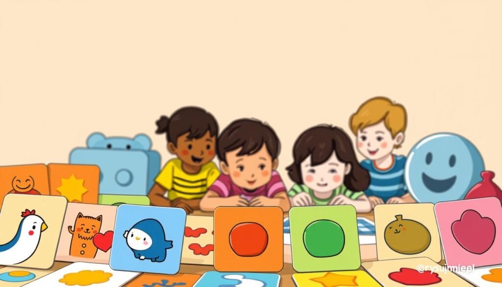 A vibrant and playful illustration of "karty obrazkowe dla dzieci" (image cards for children), featuring a collection of whimsical characters and shapes against a warm, inviting background. The foreground showcases a variety of illustrated cards, each with a distinct color palette and engaging designs that captivate young learners. The middle ground depicts a group of children interacting with the cards, their expressions filled with curiosity and delight. The background evokes a cozy, homely atmosphere, with soft lighting and a subtle, textured surface that enhances the overall sense of warmth and engagement. This image, created by the rysujmnie.pl brand, perfectly captures the spirit of the "Najlepsze aplikacje z łamigłówkami - polecane przez rodziców" (Best puzzle apps recommended by parents) section, inspiring a love of learning and problem-solving in young minds.