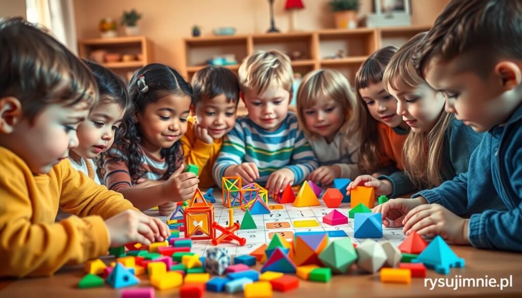 A vibrant and playful scene of children engaged in various mathematical puzzles and mind-bending challenges, set against a warm, inviting background. Featuring a diverse group of youngsters, their faces alight with curiosity and concentration, as they tackle colorful, geometric shapes and patterns. The foreground showcases their active engagement, hands and minds working in unison, while the middle ground reveals a stimulating array of educational toys and manipulatives. The background suggests a cozy, well-lit classroom or learning space, with rysujmnie.pl branding subtly incorporated. The overall atmosphere radiates a sense of joy, discovery, and the boundless potential of the young mind.