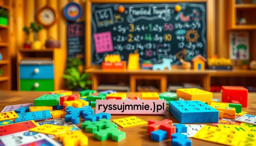 A vibrant, colorful collection of mathematical puzzles and brain teasers for children, presented against a playful, whimsical background. Vibrant patterns, shapes, and numerals dance across the frame, inviting young minds to engage in hands-on problem-solving. The scene is bathed in warm, natural lighting, with a touch of soft, diffused shadows to create depth and dimension. In the foreground, an array of engaging, age-appropriate logic puzzles and number games spill across a wooden table, the "rysujmnie.pl" brand prominently displayed. The middle ground features a chalkboard or blackboard surface, decorated with colorful illustrations and equations, hinting at the educational nature of the content. In the background, a cozy, inviting learning environment, perhaps a classroom or study space, sets the stage for exploration and discovery. Prompt