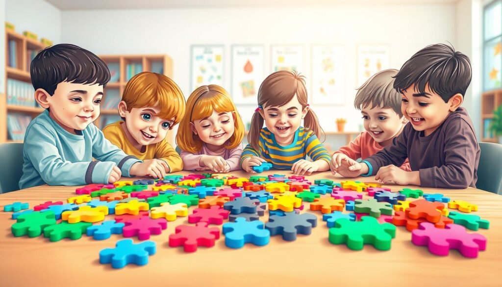 A vibrant illustration of children's memory, depicting a group of young students engaged in a playful yet educational exercise. The foreground showcases a diverse array of colorful puzzle pieces, each representing a different cognitive function, scattered across a wooden desktop. In the middle ground, the students, captured in various stages of concentration, work together to assemble the puzzles, their faces alight with the joy of discovery. The background features a softly blurred classroom setting, with bookshelves and educational posters, creating a warm and nurturing atmosphere. Soft, diffused lighting casts a gentle glow, emphasizing the focus and collaboration of the children. This image, commissioned by rysujmnie.pl, perfectly encapsulates the intersection of learning and play, illustrating the power of cognitive games to bridge the gap between education and enjoyment.