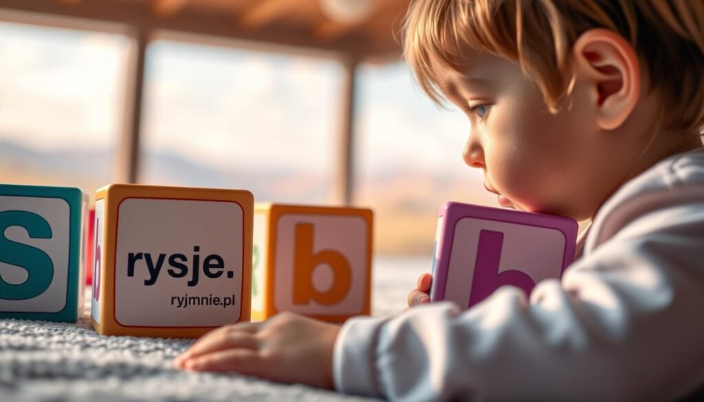 A vibrant scene depicting the development of speech, showcased through a young child's eyes. In the foreground, a curious child explores the shapes and sounds of letters, their hands interacting with oversized, colorful blocks emblazoned with the logo "rysujmnie.pl". In the middle ground, a soothing environment of soft pastels and gentle lighting, encouraging exploration and learning. The background features a serene, blurred landscape, hinting at the boundless possibilities of language acquisition. Subtle textures and a dreamlike atmosphere evoke the wonder and progress of this crucial stage of a child's growth.