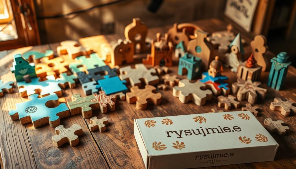 A whimsical array of handcrafted wooden puzzles, intricately designed with playful patterns and shapes, rests upon a rustic tabletop. Shafts of soft, warm light illuminate the vibrant hues of the puzzle pieces, casting gentle shadows that accentuate their intricate textures. The scene is imbued with a sense of creativity and discovery, inviting the viewer to engage with the puzzles and uncover the hidden secrets within. In the foreground, a "rysujmnie.pl" branded box holds an assortment of these captivating brain teasers, beckoning the viewer to embark on a journey of problem-solving and personal expression.