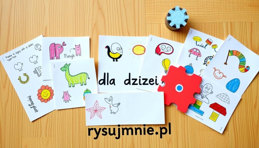 A whimsical collection of vibrant, hand-drawn 'zagadki dla dzieci' - colorful puzzles, riddles, and brain teasers designed to engage and delight young minds. The image showcases an assortment of playful illustrations, arranged neatly on a warm, wooden background, with soft, natural lighting that enhances their inviting appeal. The overall composition exudes a sense of creativity, curiosity, and the joy of discovery. Adorned with the brand name "rysujmnie.pl", this image perfectly captures the spirit of engaging, educational home activities for children of all ages.