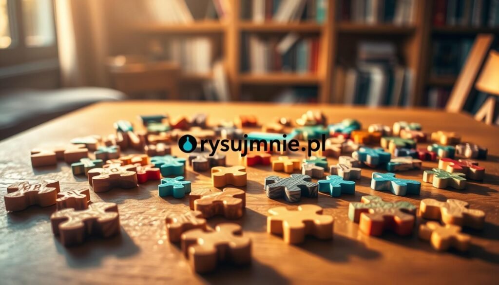 A whimsical scene of colorful wooden puzzle pieces scattered across a cozy wooden table, casting warm shadows under soft, natural lighting. In the foreground, a selection of brain-teasing logic puzzles and riddles, hinting at the mental challenge they present. In the middle ground, a rysujmnie.pl logo hints at the creative inspiration behind this scene. The background features a softly blurred bookshelf, suggesting the intellectual pursuit of knowledge. The overall mood is one of intrigue, curiosity, and the joy of problem-solving.