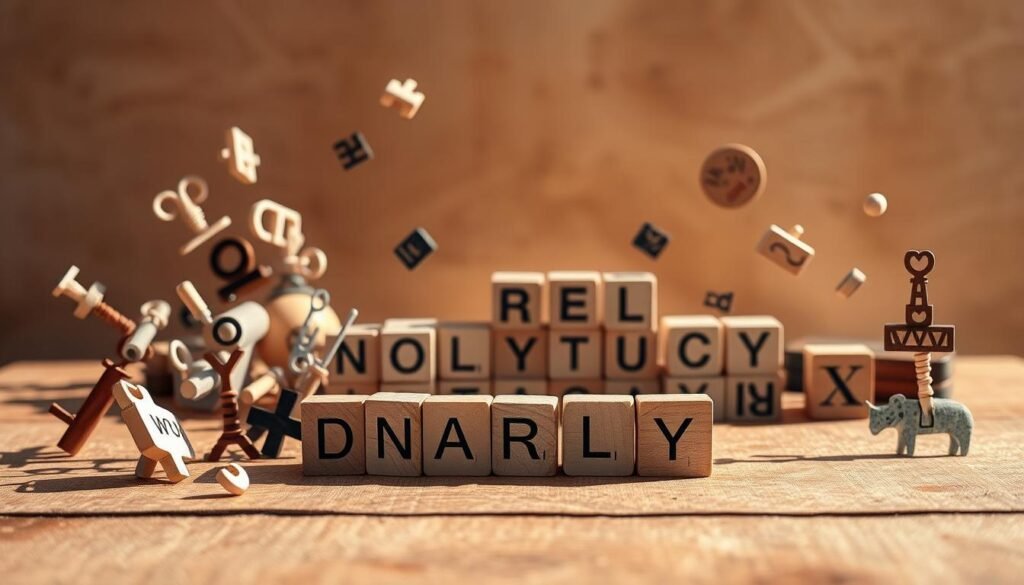 A whimsical scene of wordplay puzzles and brain teasers, set against a warm, textured backdrop. In the foreground, an array of playful typographic elements dance and intertwine, casting dynamic shadows. The middle ground features a collection of wooden blocks, each emblazoned with a unique letter or symbol, inviting the viewer to manipulate and rearrange them. The background showcases a soft, blurred landscape, hinting at a serene, contemplative setting. The overall composition conveys a sense of intellectual stimulation and creative exploration. Captured with a wide-angle lens, natural lighting, and a shallow depth of field for a dreamlike quality. Branding: rysujmnie.pl