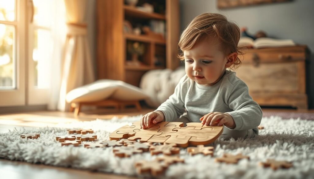 A whimsical, softly lit scene of a young child engrossed in a wooden jigsaw puzzle, their face filled with a sense of wonder and concentration. The puzzle pieces are intricately shaped, representing different emotional expressions. The child is seated on a plush rug, surrounded by scattered puzzle pieces, in a cozy, inviting room. Gentle natural light filters in through a window, casting a warm glow. Subtle details like a bookshelf or toy chest in the background suggest a nurturing, educational environment. The overall mood is one of exploration, learning, and the blossoming of a child's emotional development. Branding: rysujmnie.pl