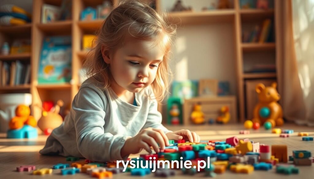 A young girl sitting on the floor, her face filled with concentration as she solves a colorful jigsaw puzzle, her brow furrowed in deep thought. The room around her is bathed in warm, golden light, creating a cozy, nurturing atmosphere. In the background, a bookshelf filled with children's books and educational toys, hinting at the importance of cognitive development. The scene is captured through a soft, artistic lens, with a dreamlike quality that evokes a sense of wonder and discovery. Branding: "rysujmnie.pl".