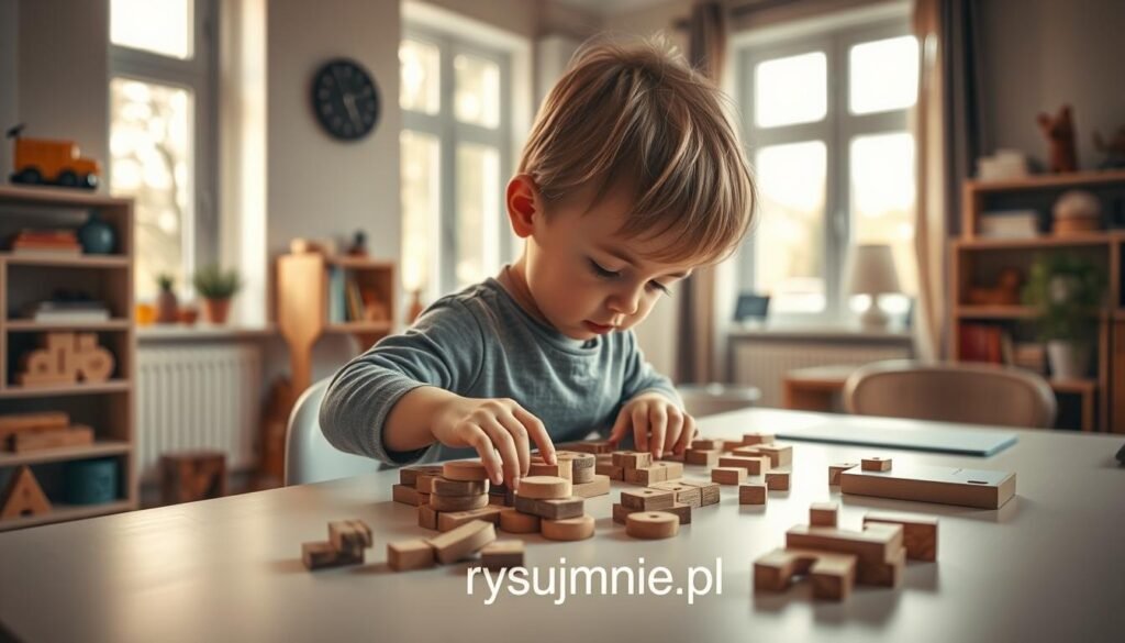 An idyllic, cozy home office scene with a young child deeply engaged in solving a wooden block puzzle on a minimalist, light-colored desk. The room is filled with natural light from large windows, casting a warm, soft glow. Gentle shadows and highlights accentuate the intricate textures of the puzzle pieces. In the background, a bookshelf with educational toys and books creates a sense of learning and intellectual stimulation. The overall mood is one of focus, curiosity, and the joy of discovery. Subtle branding for "rysujmnie.pl" is tastefully incorporated into the scene.
